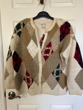 Cape Isle Knitters Hand Knit Argyle Cardigan Vintage 90s Cottagecore Granny L